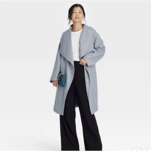 NWT A NEW DAY Pea Coat Women's Large Blue Knit Wrap Tie Belt Open Front Cozy NEW - Picture 1 of 16